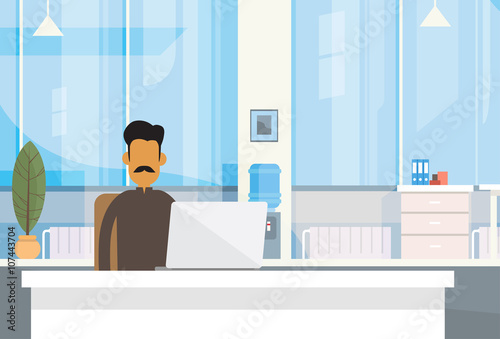 Indian Business Man Sitting Desk India Businessman Office Working Place Laptop