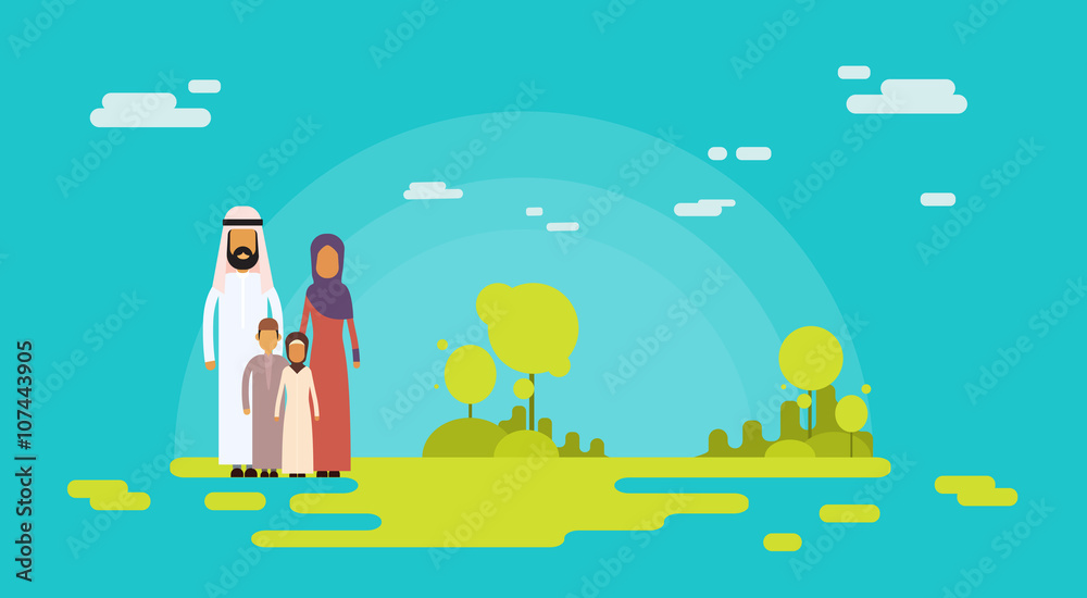 Arab Family Four People, Arabic Parents Two Children Nature Background Arab Family Four People, Arabic Parents Two Children Nature Background