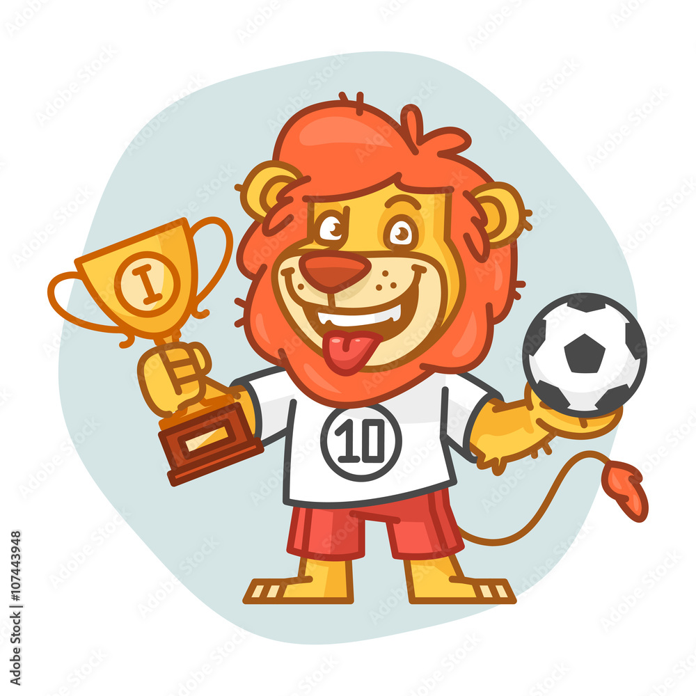 Naklejka premium Lion Holds Soccer Ball and Cup