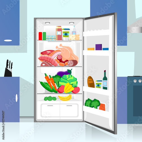 Opened Refrigerator Food Home Kitchen Interior