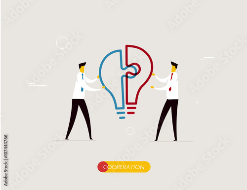 Businessmen connect lamp puzzle.