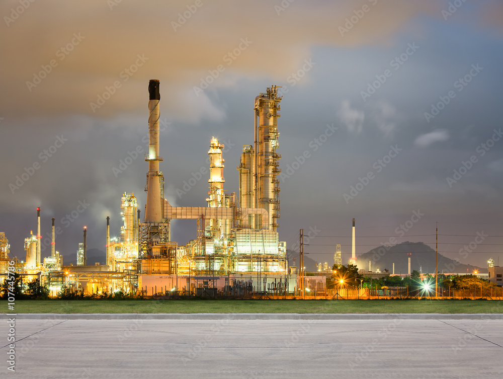 Fototapeta premium Oil gas refinery plant. May called petroleum, production or petrochemical plant. Industrial factory construction from engineering technology with steel pipe, pipeline, tank. Business for power energy.