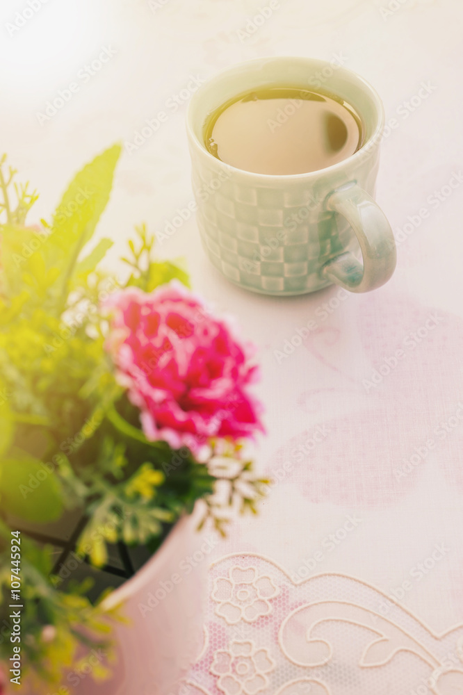 Tea time, Hot tea with artificial flower Tea time, Hot tea with artificial flower