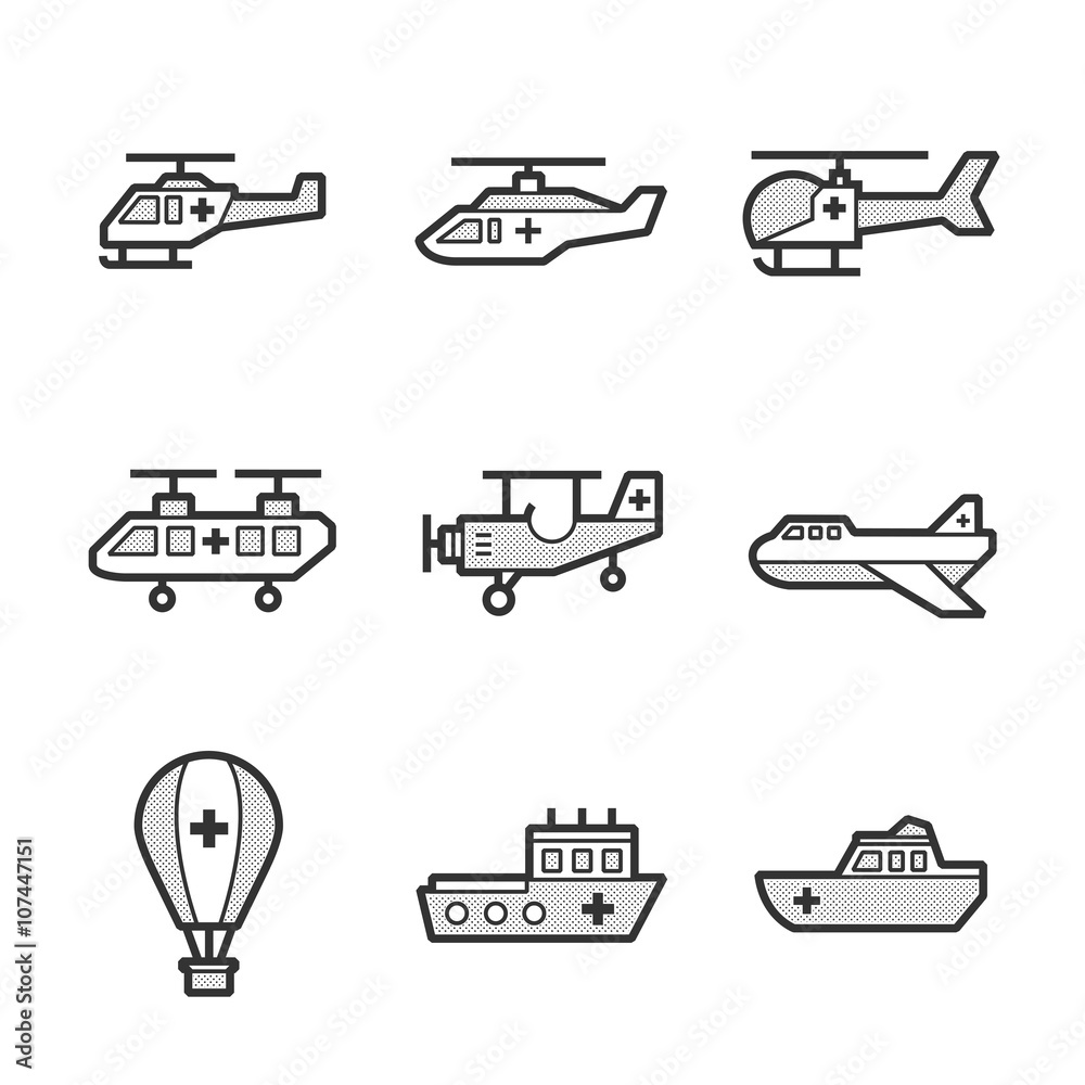Medical Ambulance aircraft and ship set icons