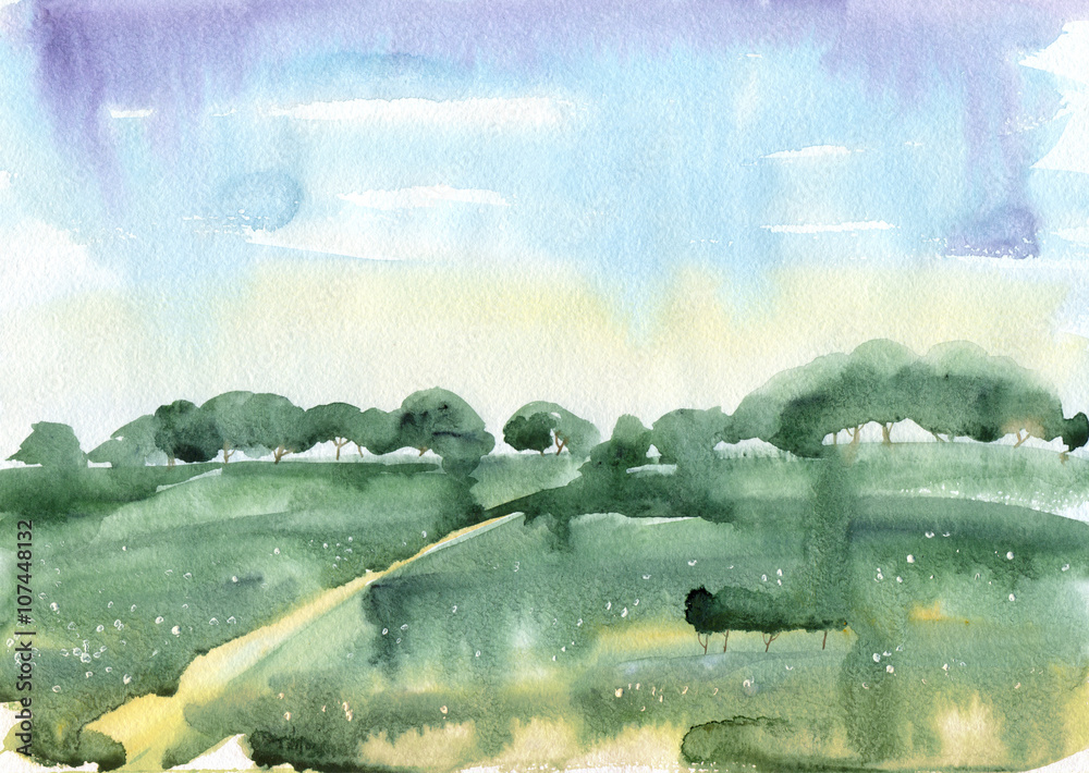 Fototapeta premium Watercolor painting. Summer landscape with blue sky, green grass and trees.