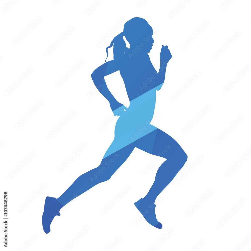 Running woman, run, jog, abstract blue vector silhouette