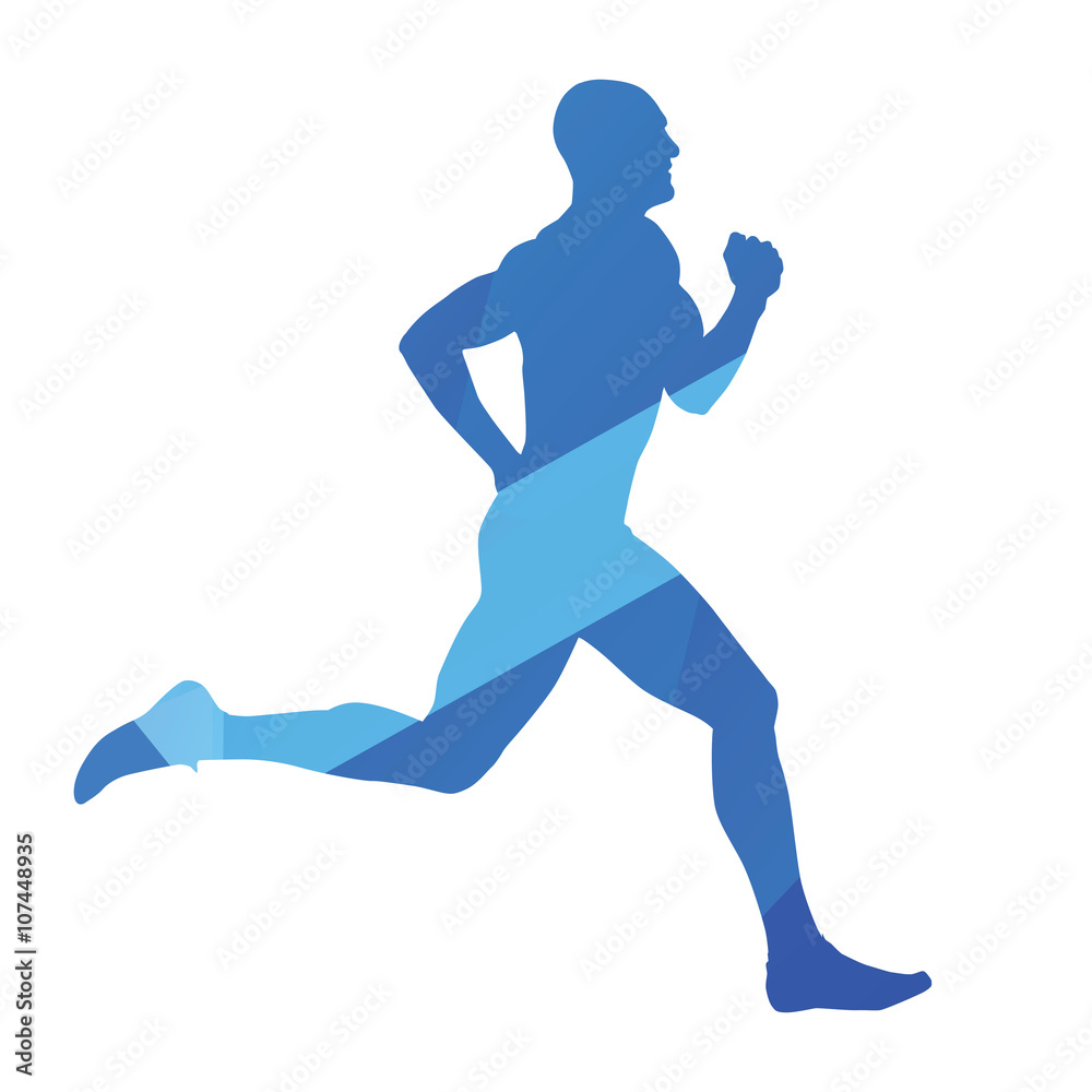 Running man, run, jog, abstract blue vector silhouette