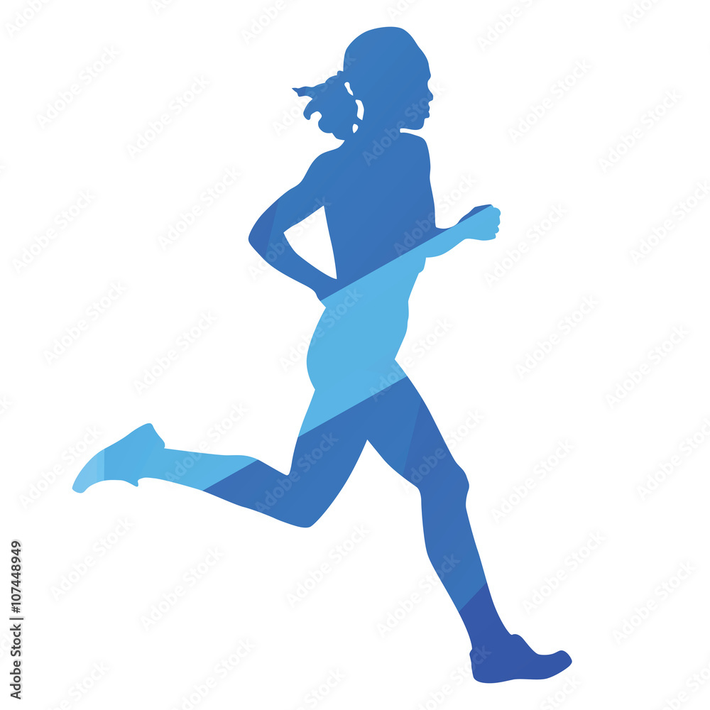 Running woman, run, jog, abstract blue vector silhouette