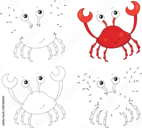 Funny cartoon red crab. Coloring book and dot to dot game for ki