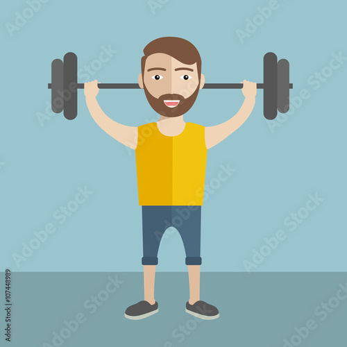 Vector illustration Hipster funny man lifting barbell with fitness attire inside the gym. Flat style