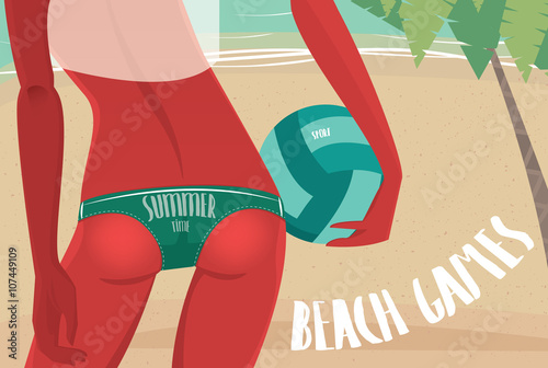 View from the back on tanned girl in green bikini standing on the beach and holding a volleyball ball - Sport or beach volleyball concept