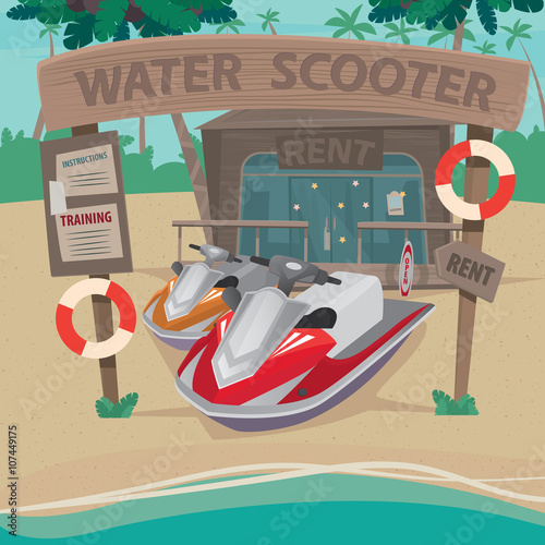 Wooden little house on the beach where rent out water scooters - Rental services and training services concept