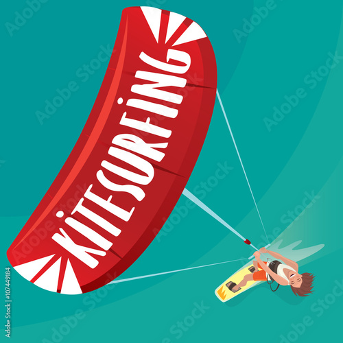 Cheerful sports man rushes standing on the kiteboard and holding the power kite with two hands - Extreme sport or kitesurfing concept