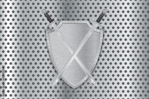 Shield with swords on metal perforated background