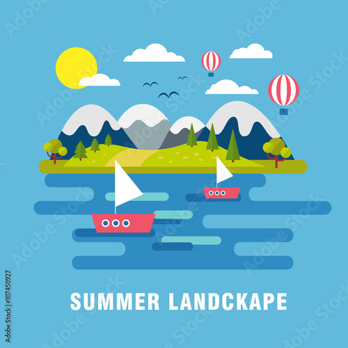 Summer  landscape background. Flat mountains vector with island. Outdoor landscape tourism. Nature landscape. Bright flat river and island with hills and forest © lisenok94144