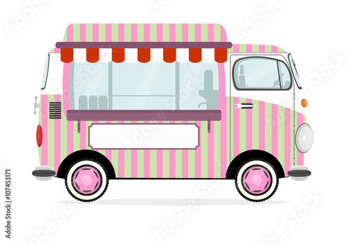 Funny cartoon street food truck on a white background. Flat vector.