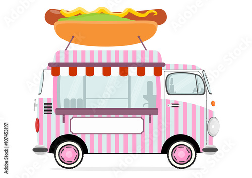 Funny cartoon street food truck on a white background. Flat vector.