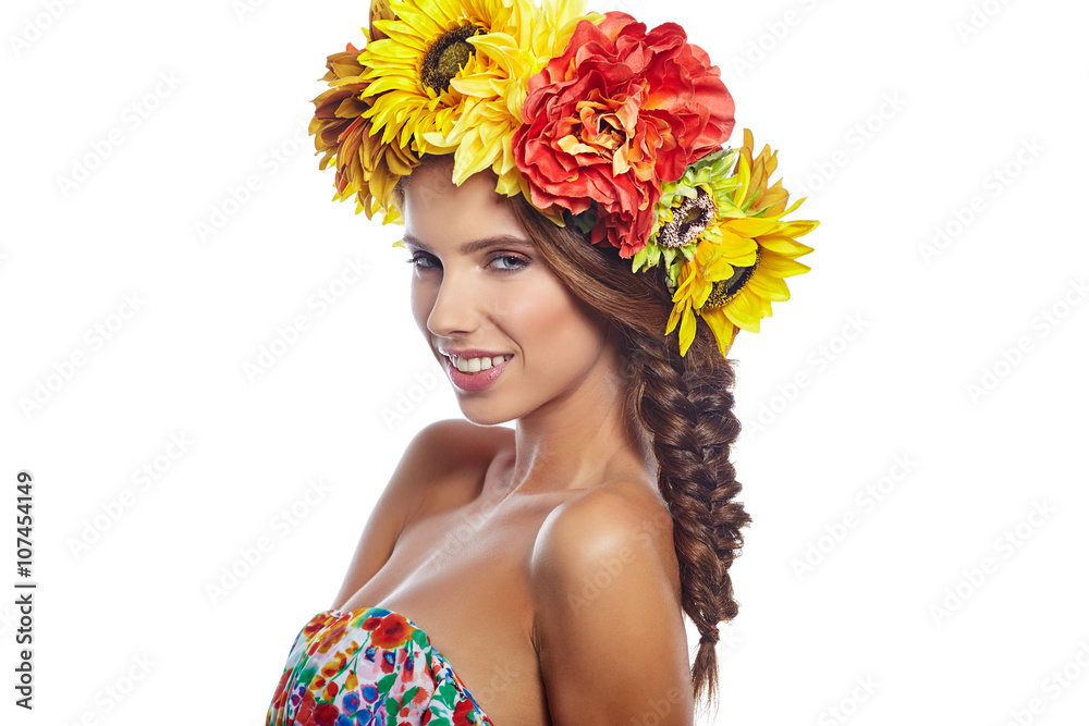 young beautiful woman portrait with wreath of flowers studio sho young beautiful woman portrait with wreath of flowers studio sho