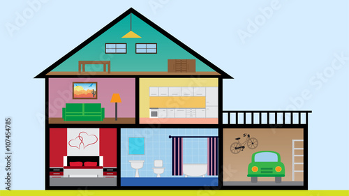 Flat design house with rooms, bedroom, living root, bathroom, garage, kitchen and loft