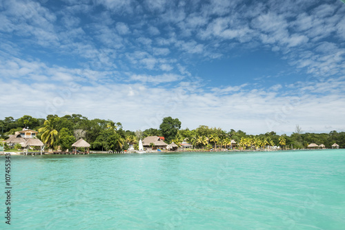 Beautiful view of caribbean lagoon Bacalar. Seven Color water