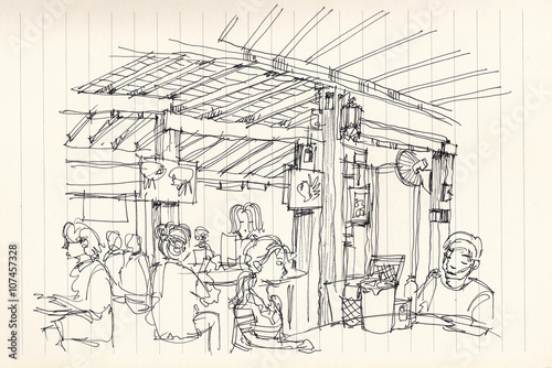 Thai street food restuarant atmosphere illustration doodle sketc
