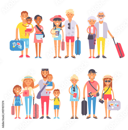 Traveling family group people on vacation together character flat vector illustration.
