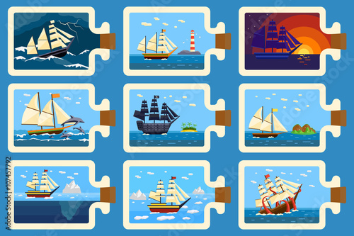 Glass bottle with ship inside miniature boat sea travel model vector illustration.