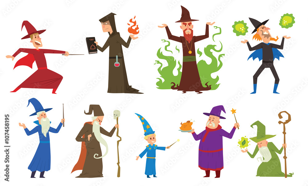 Group of magicians and wizards illusion show old man imagination, performance character vector.