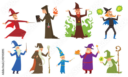 Group of magicians and wizards illusion show old man imagination, performance character vector.