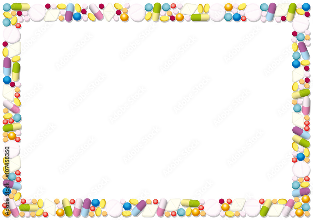 Pills and capsules forming a horizontal frame. Isolated vector illustration on white background. Pills and capsules forming a horizontal frame. Isolated vector illustration on white background.