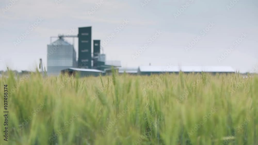Dolly shot of manufacturing plant with rye field in the foreground. Industrial field. Dolly shot of manufacturing plant with rye field in the foreground. Industrial field.