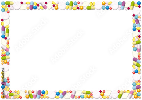 Pills and capsules forming a horizontal frame. Isolated vector illustration on white background.