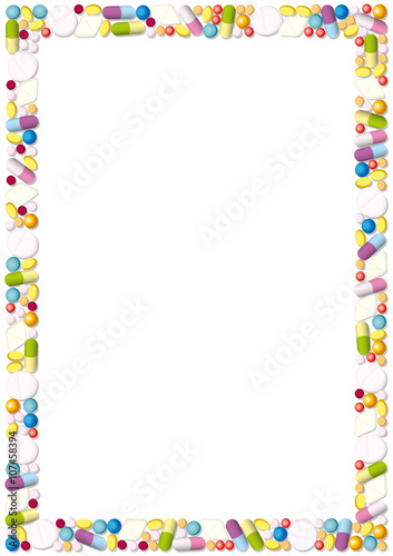 Frame made of pills, tablets and capsules. Isolated vector illustration over white background.