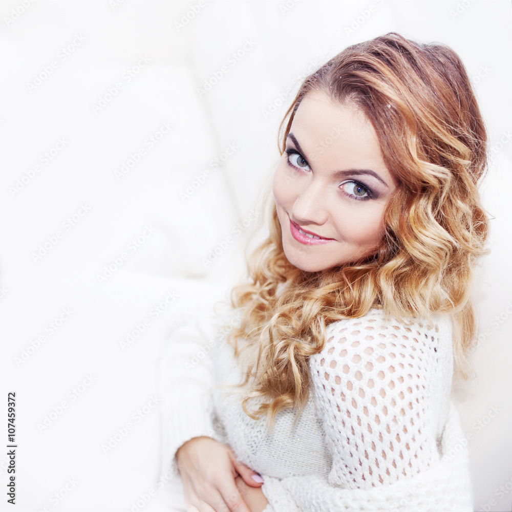 Woman in warm sweater, portrait on white background, place for your text Woman in warm sweater, portrait on white background, place for your text