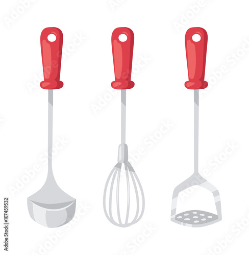 Kitchen ladle cooking home culinary silver equipment flat vector illustration.