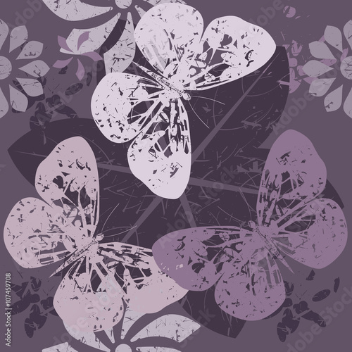 Stylish Pattern with Butterfly silhouettes on blossom flowers