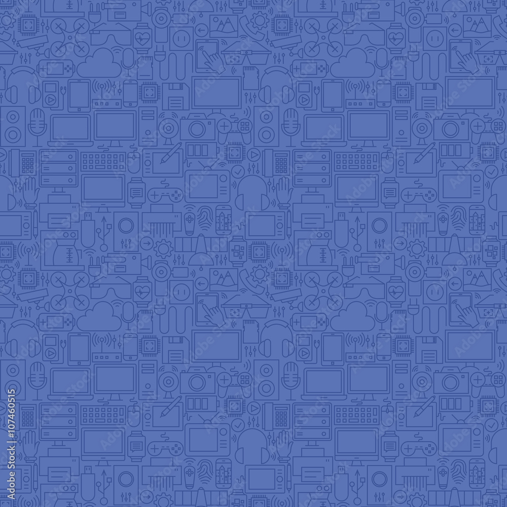 Thin Line Blue Gadgets and Devices Seamless Pattern