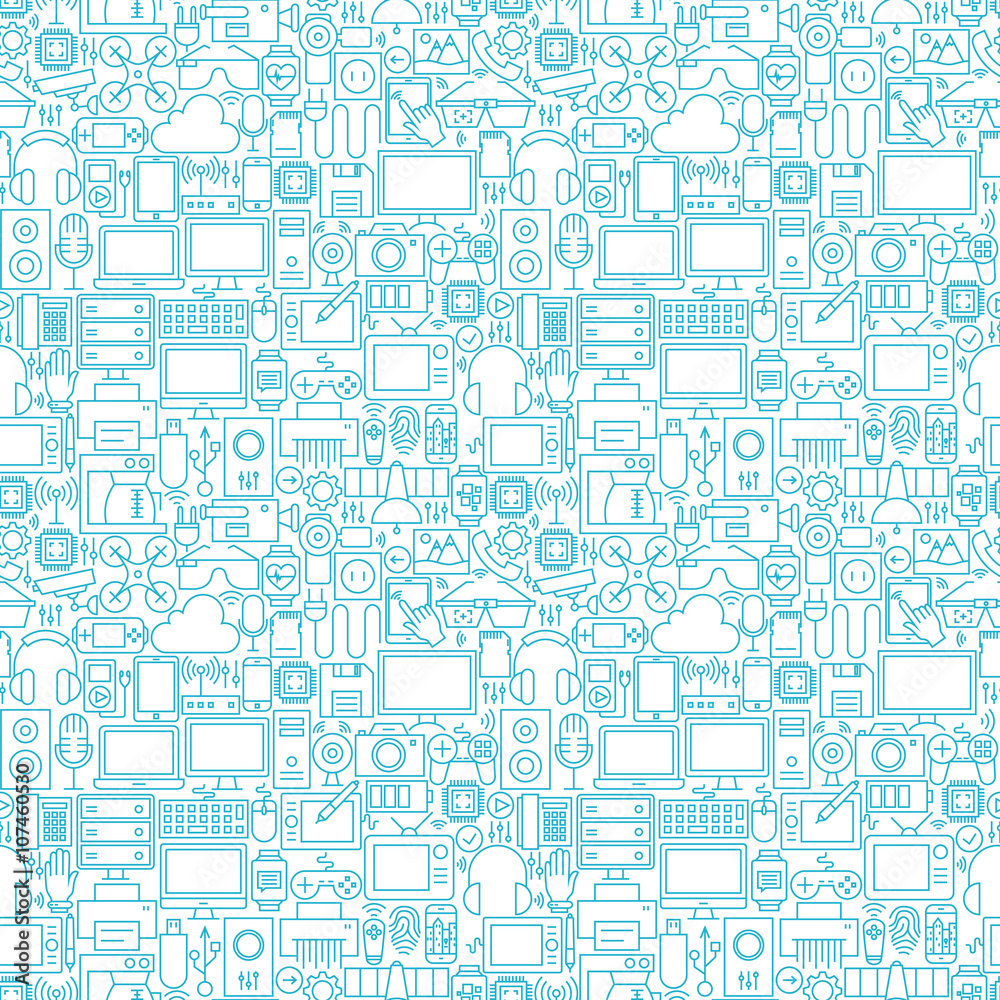 Thin Line Technology Gadgets White Seamless Pattern