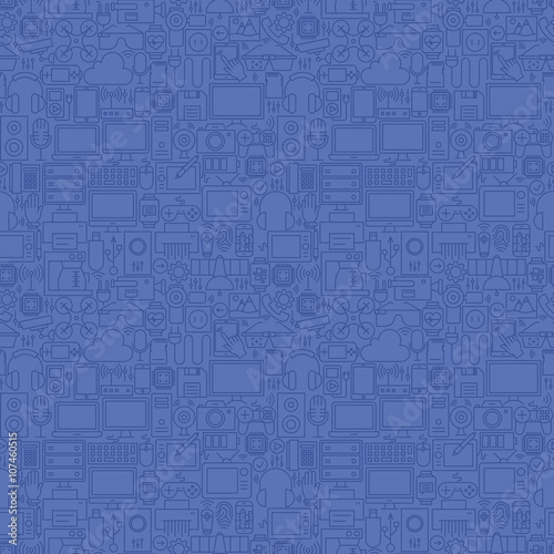 Thin Line Blue Gadgets and Devices Seamless Pattern