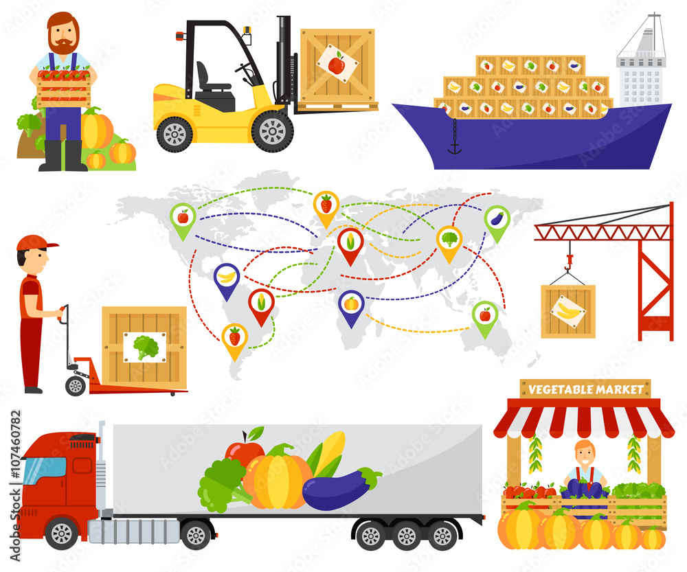 Cartoon green eco food fruits delivery truck vector illustration.