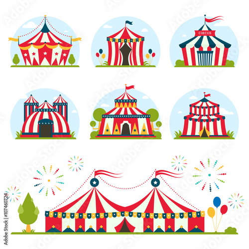 cartoon circus tent with stripes and flags isolated. Ideal for carnival signs