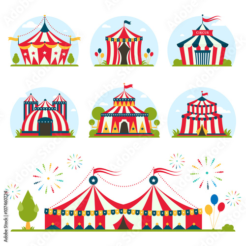 cartoon circus tent with stripes and flags isolated.  Ideal for carnival signs