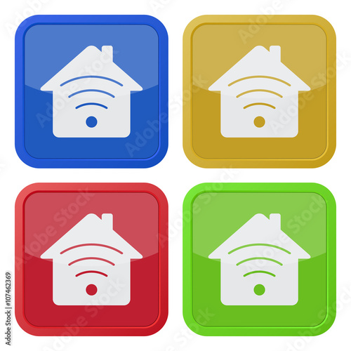 set of four square icons - house with signal