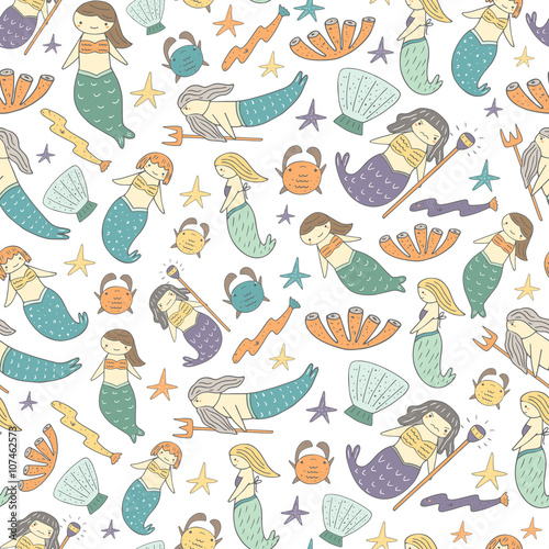Cute hand drawn doodle mermaid fairy tale seamless pattern 