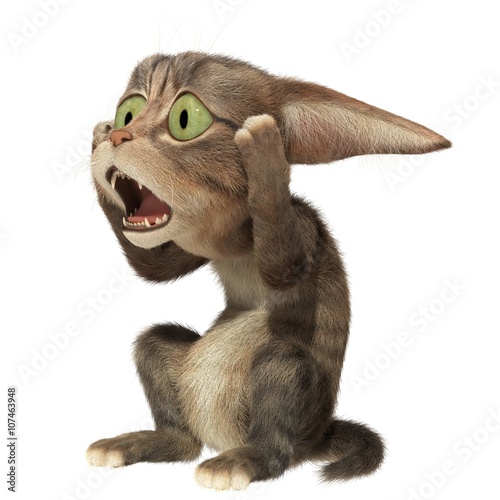 Fototapeta Naklejka Na Ścianę i Meble -  Scared kitten holding his head. 3d illustration. Isolated white background.