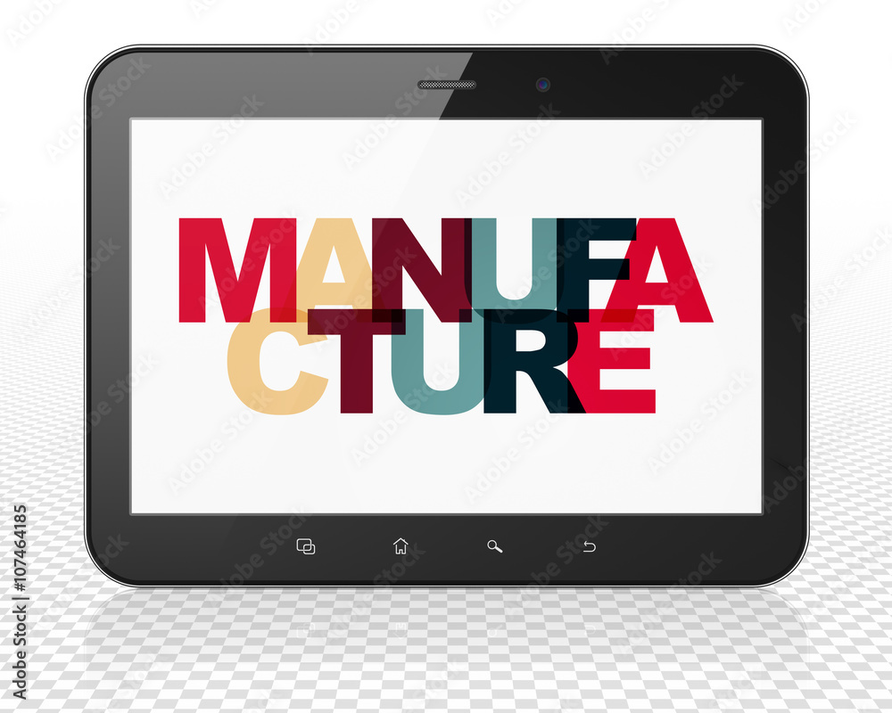 Manufacuring concept: Tablet Pc Computer with Manufacture on display Manufacuring concept: Tablet Pc Computer with Manufacture on display