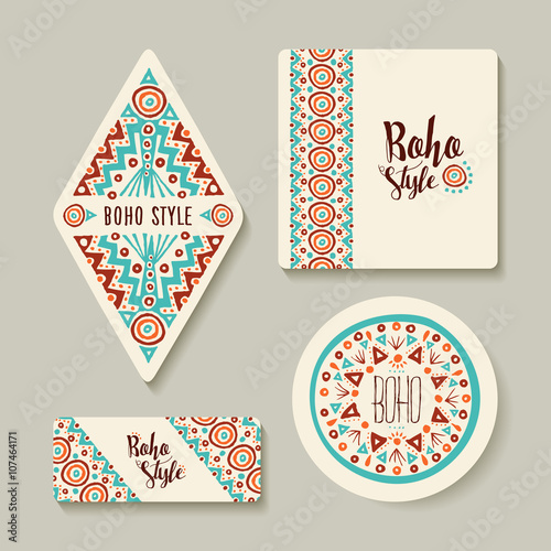 Boho style sticker or tags set with tribal art