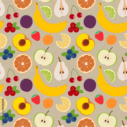 Fruits and berries seamless pattern 3. Illustration of some fruits, citruses and berries