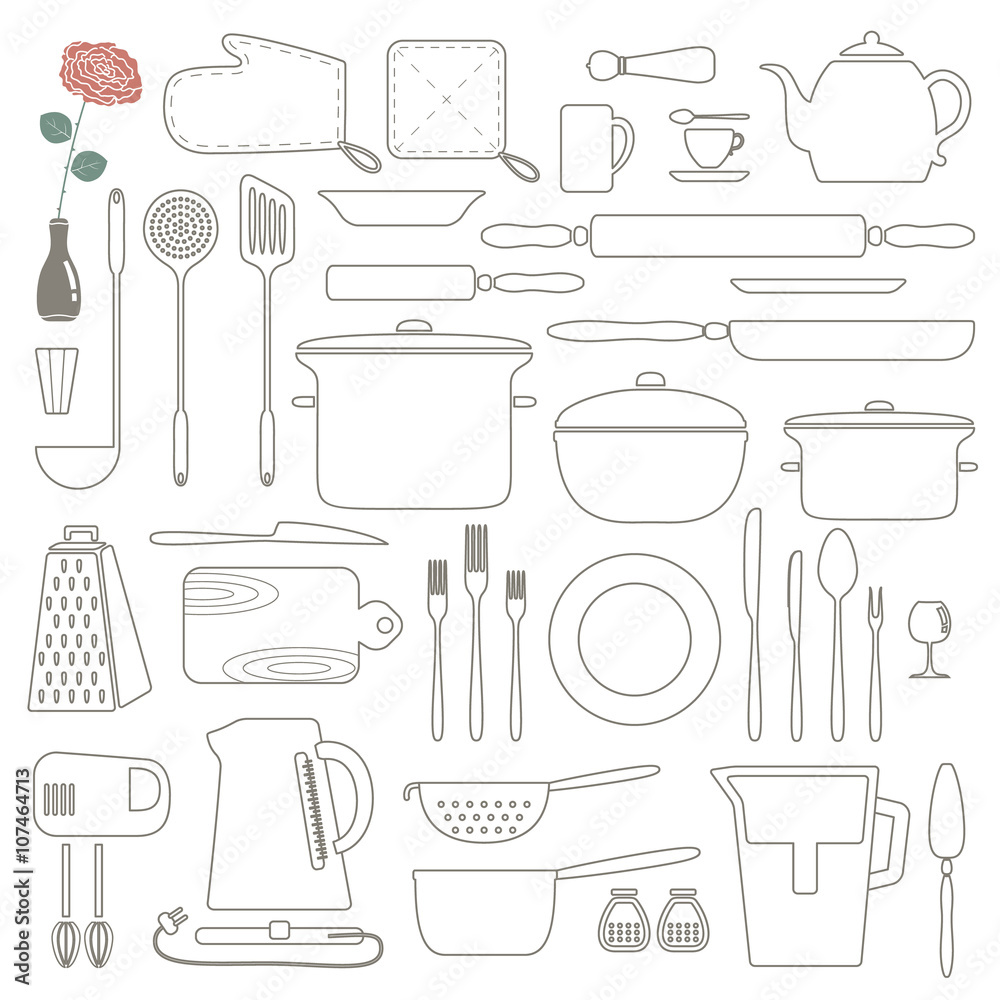 Cooking Foods and Kitchen outline icons set. Thin line. Cooking Foods and Kitchen outline icons set. Thin line.