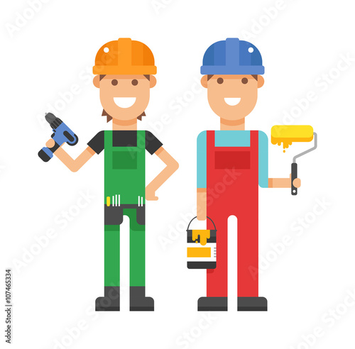 Set of professional engineering workers people building team in helmets builders flat vector illustration.  © Vectorvstocker